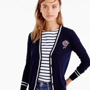 🌸J.CREW CLASSIC NAVY WHITE CARDIGAN SWEATER JEWEL FLORAL EMBELLISHED